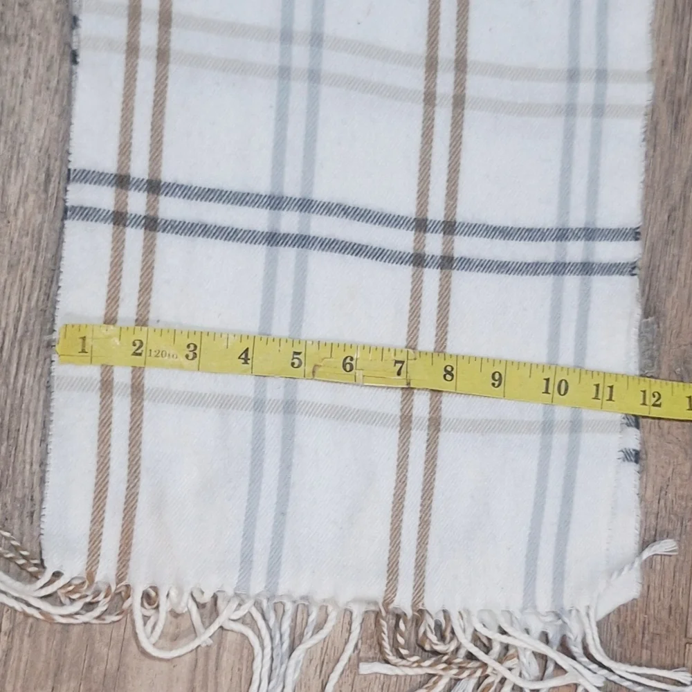 Plaid White and Tan Scarf With Fringe Edge #1760